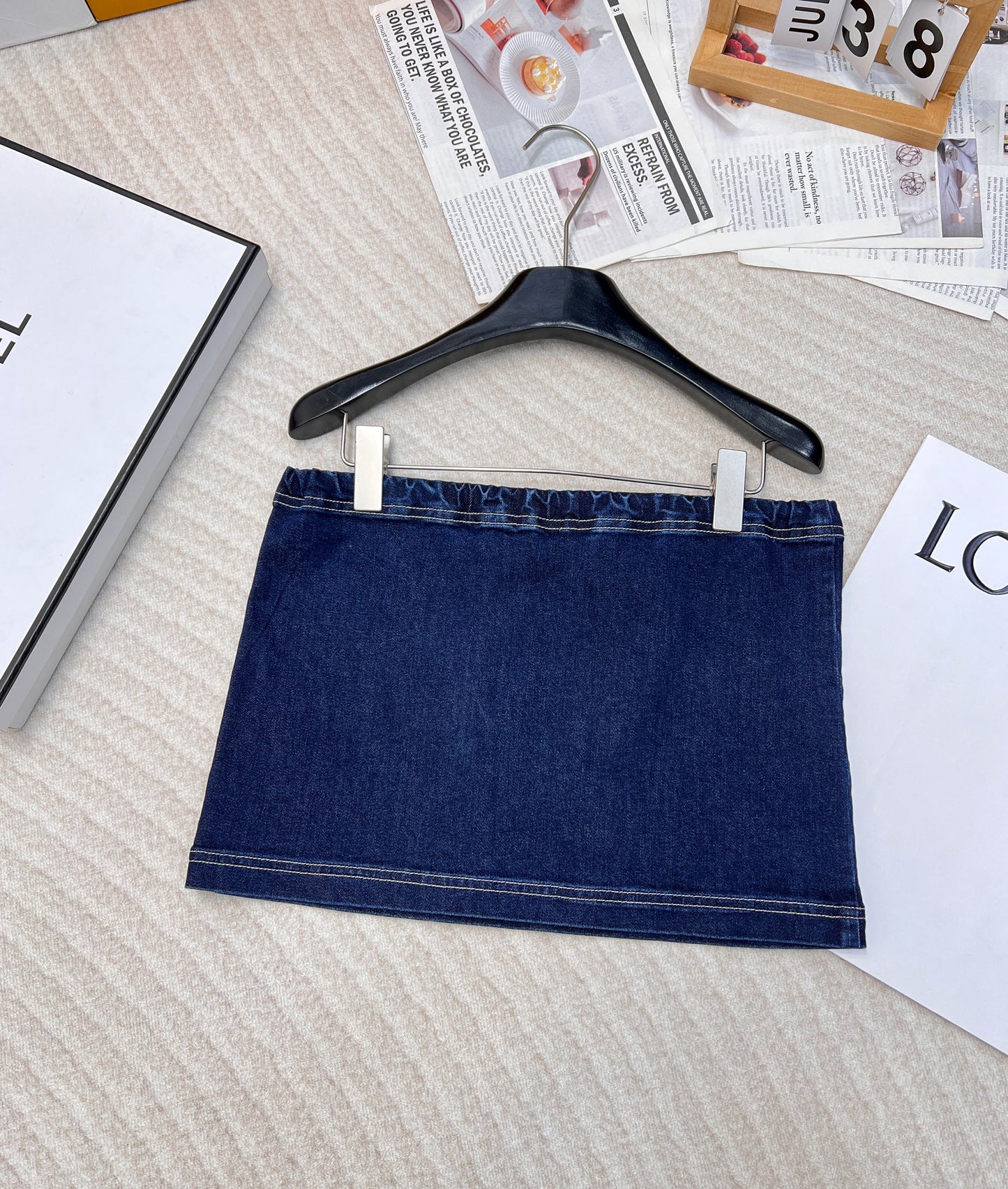 Letter embroidered super versatile mini denim skirt