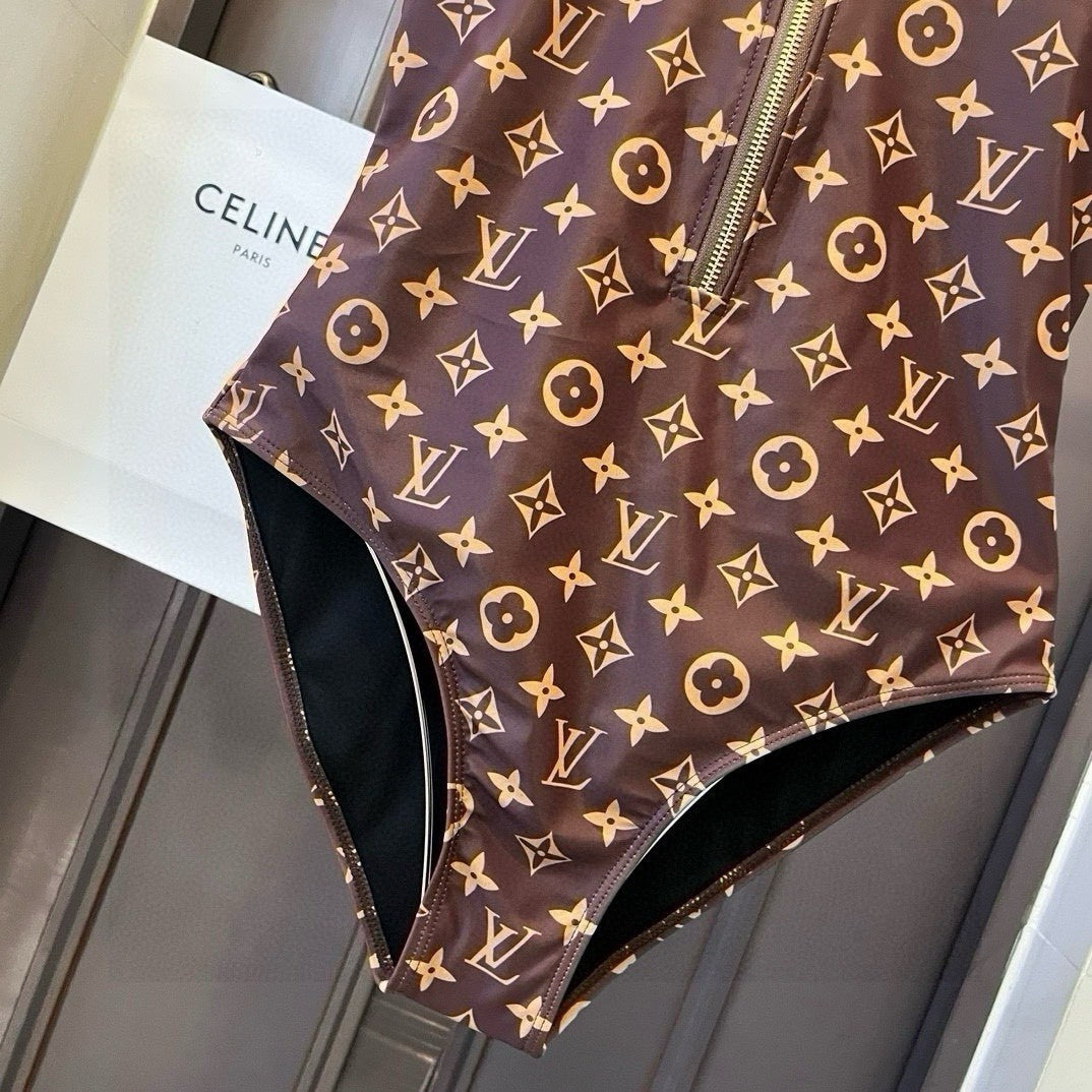 25ss full print monogram logo letters front zipper one-piece swimsuit