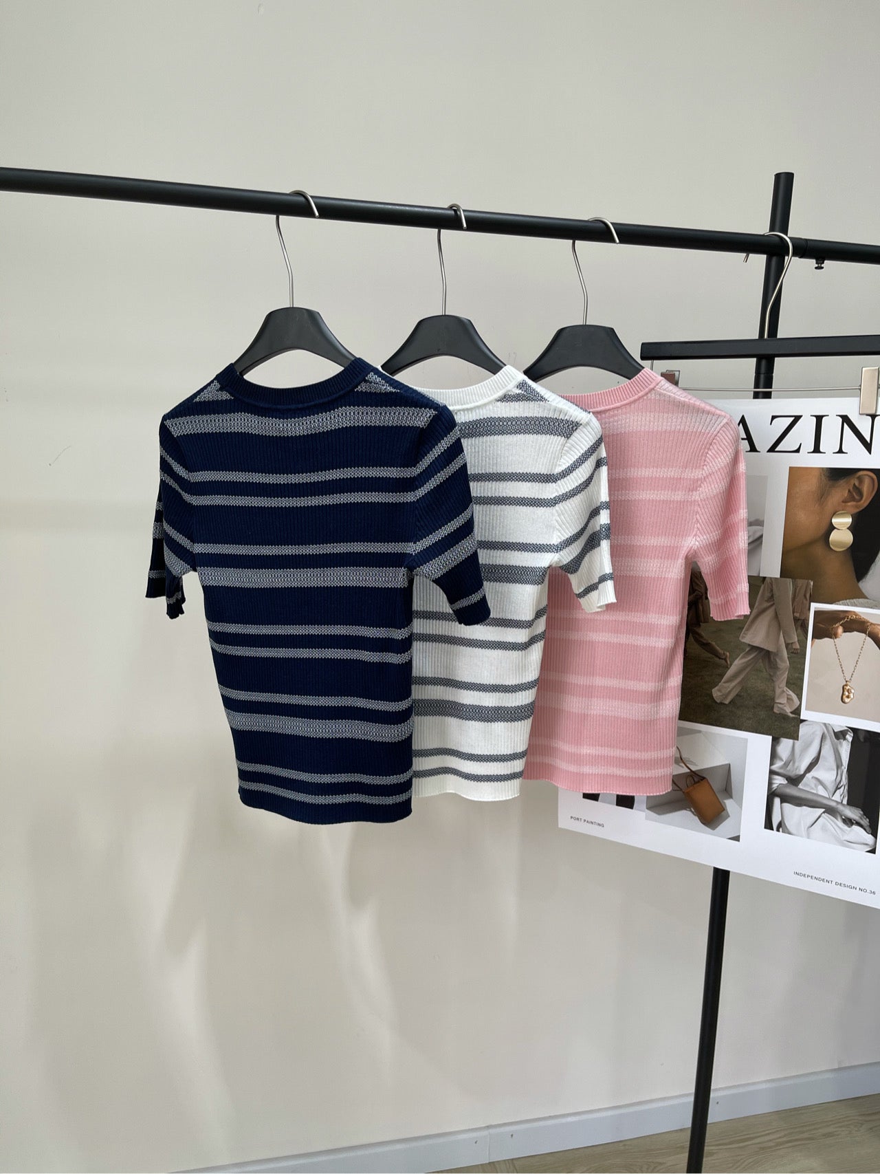 c 25 Three color striped knitted short sleeved shirt