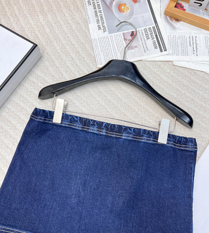 Letter embroidered super versatile mini denim skirt