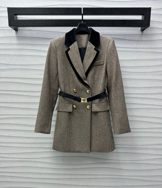 patchwork lapel belt jacket