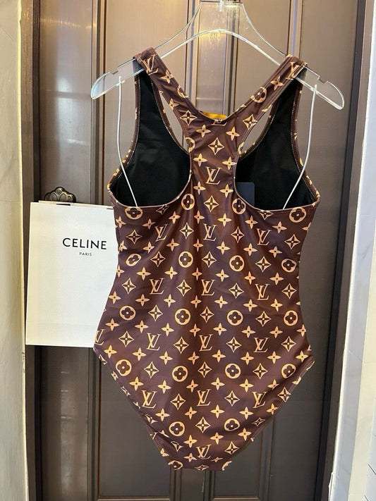 25ss full print monogram logo letters front zipper one-piece swimsuit