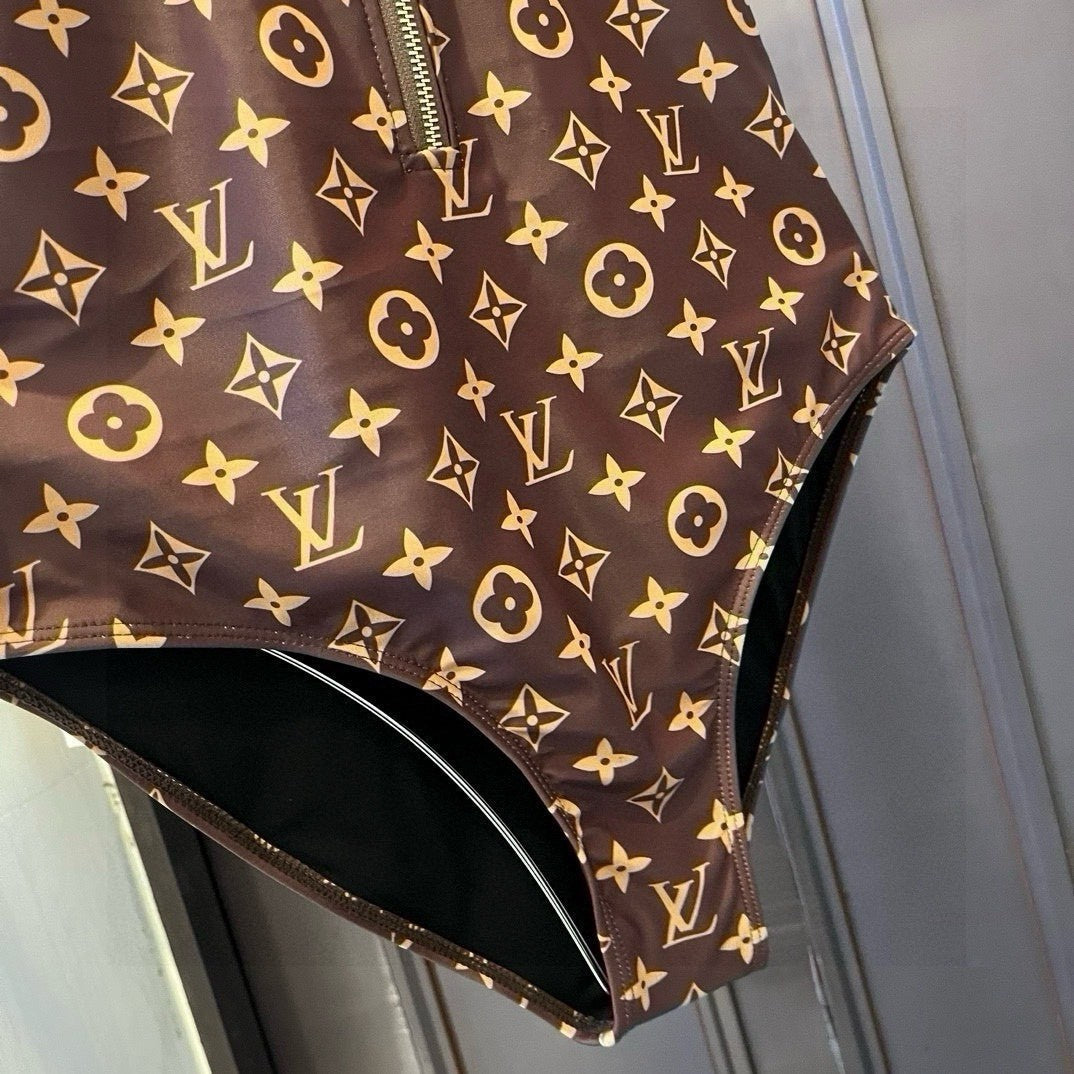 25ss full print monogram logo letters front zipper one-piece swimsuit